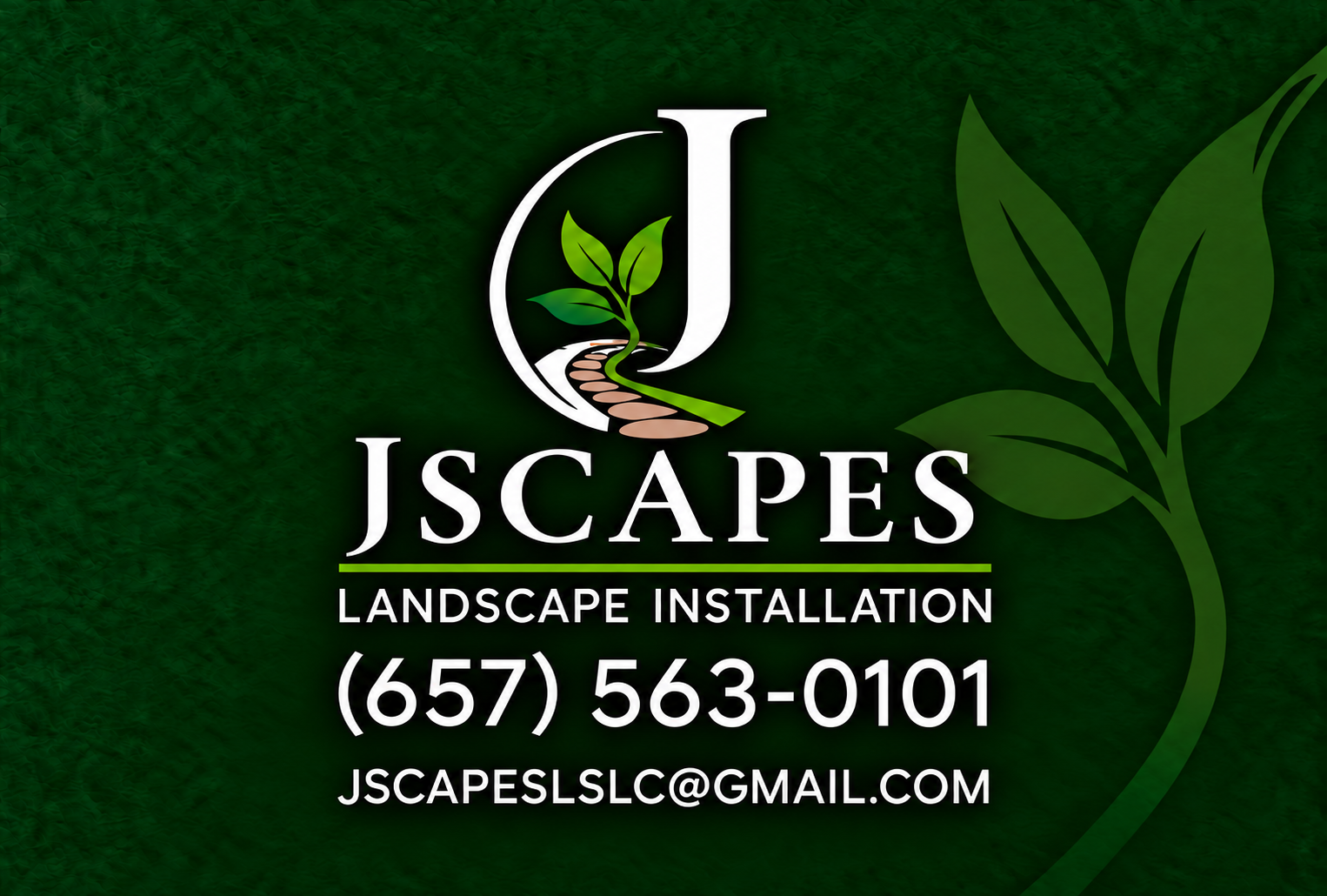 Jscapes leaf and garden path logo. Landscape Installation. (657) 563-0101. JSCAPESLSLC@GMAIL.COM.